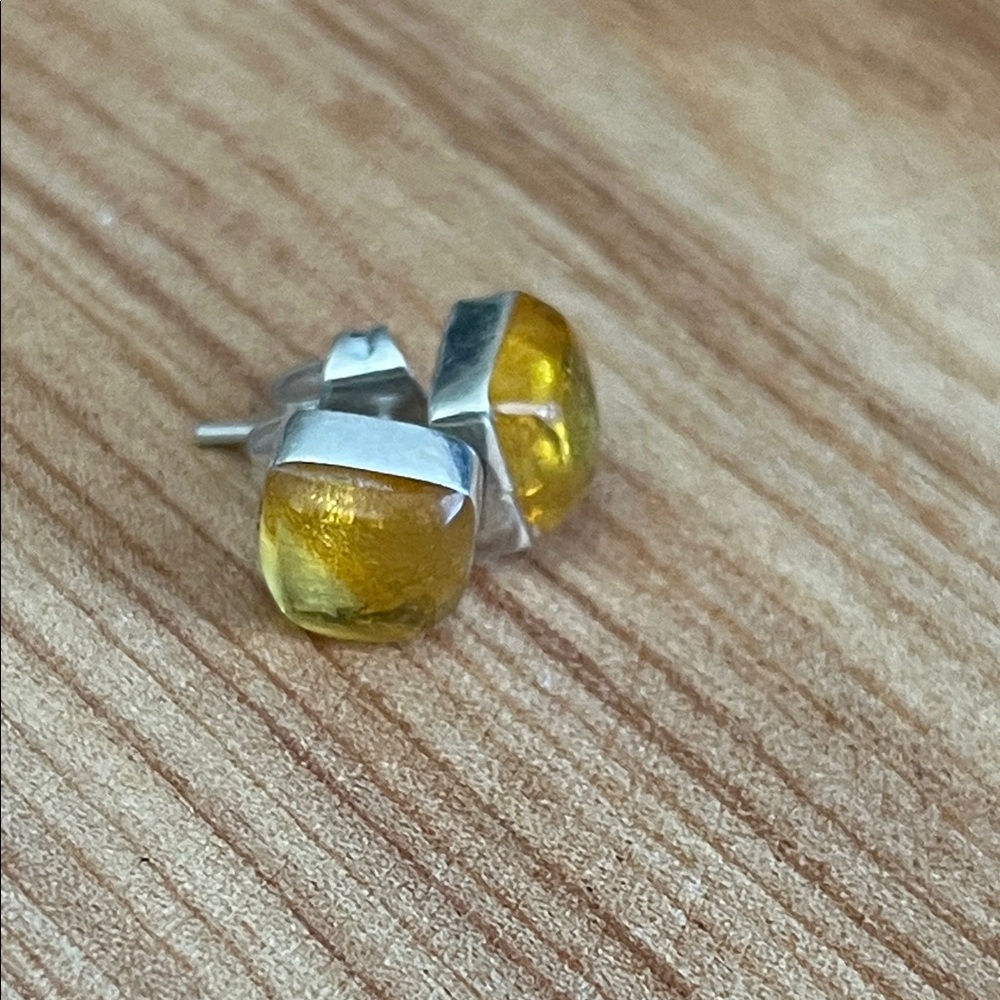 Hand Crafted Yellow and Silver Glass Stud Earrings